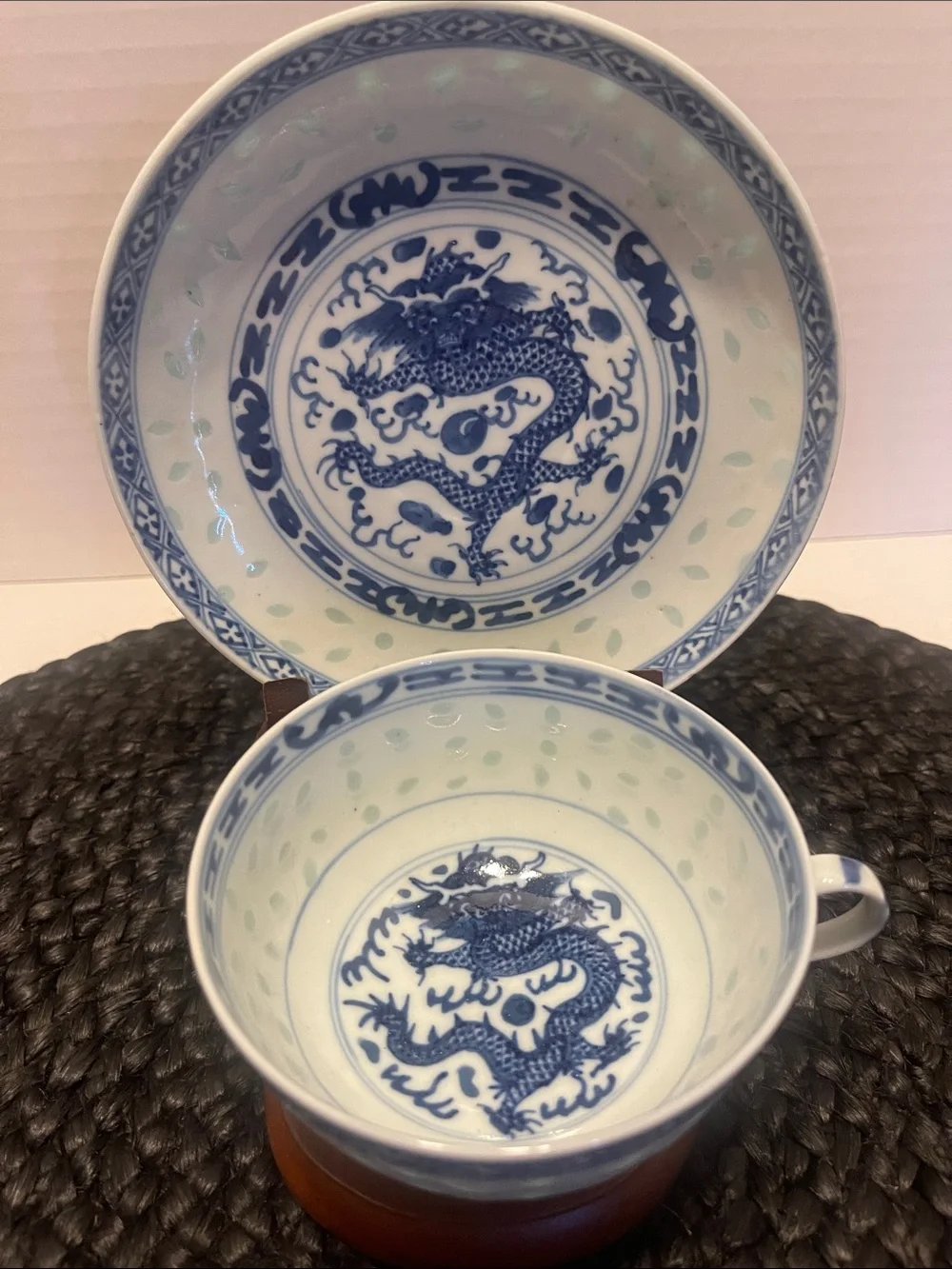 Vintage linglong Blue Dragon Porcelain Teacup & Saucer Set